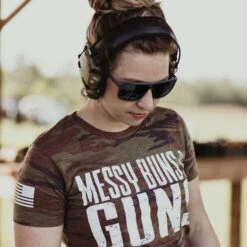 Women's Messy Buns & Guns T-Shirt - Woodland Camo -Grunt Style Sales BlankPoster2000x2000 014 GS5021 Women sWoodlandCamoMessyBuns Guns min