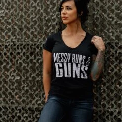 Women's Messy Buns & Guns V-Neck - Black -Grunt Style Sales BlankPoster 2000X2000 MB G VNeck