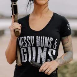 Women's Messy Buns & Guns V-Neck - Black