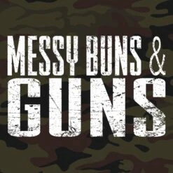 Women's Messy Buns & Guns T-Shirt - Woodland Camo -Grunt Style Sales GS5021 Women sWoodlandCamoMessyBuns Guns STANDARD WEB READY frontArt