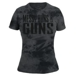 Women's Messy Buns & Guns T-Shirt - Black Wash -Grunt Style Sales GS5162 MessyBuns Guns BlackWash STANDARD WEB READY front