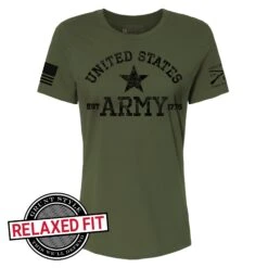 Women's Army Est. 1775 Relaxed Fit T-Shirt - Military Green 7 Women's Army Est. 1775 Relaxed Fit T-Shirt - Military Green -Grunt Style Sales GSAR0044 Women sArmyEst1775RelaxedFitT Shirt MilitaryGreen WEB READY 0000 Front rf