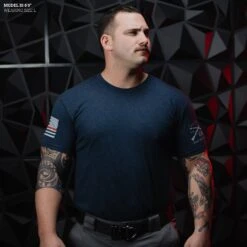 Red Line Flag Basic T-Shirt - Midnight Navy -Grunt Style Sales Model Info Poster 2000x2000 GS5718RedLineFlagBasic MidnightNavy 1