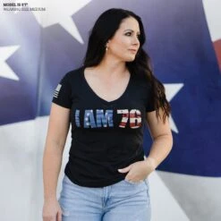Women's I AM 76 V-Neck - Black -Grunt Style Sales Model Info Poster 2000x2000 copy 2